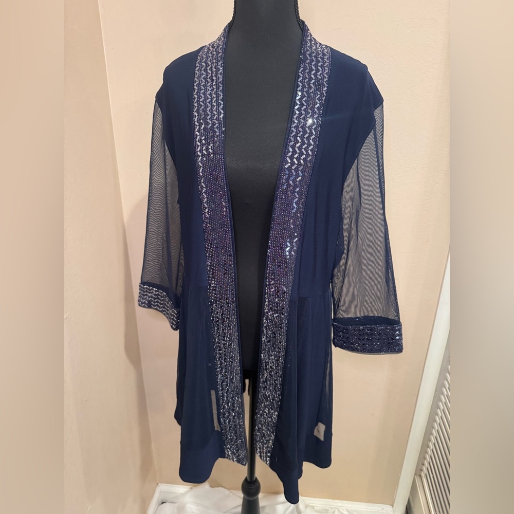 R&M Richards Dramatic Glamorous Navy Sheer Kimono/Blazer with Sequin Trim